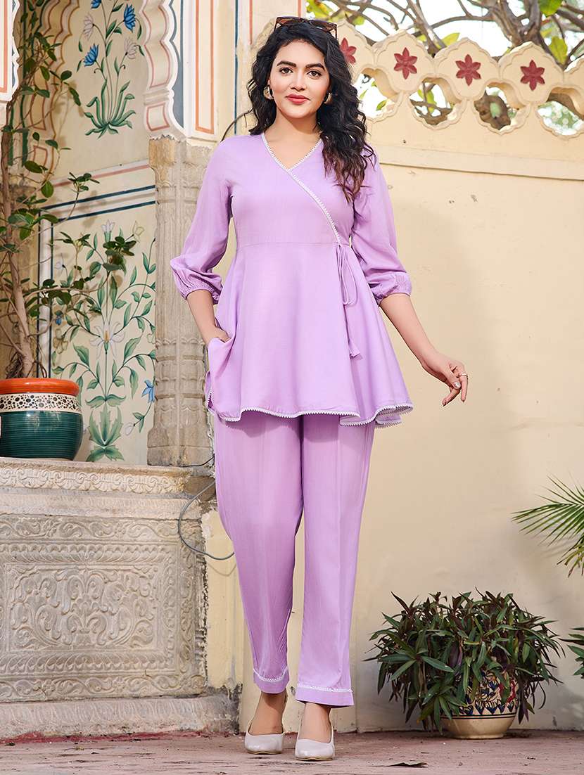 women solid three quarter sleeve ethnic co-ord set