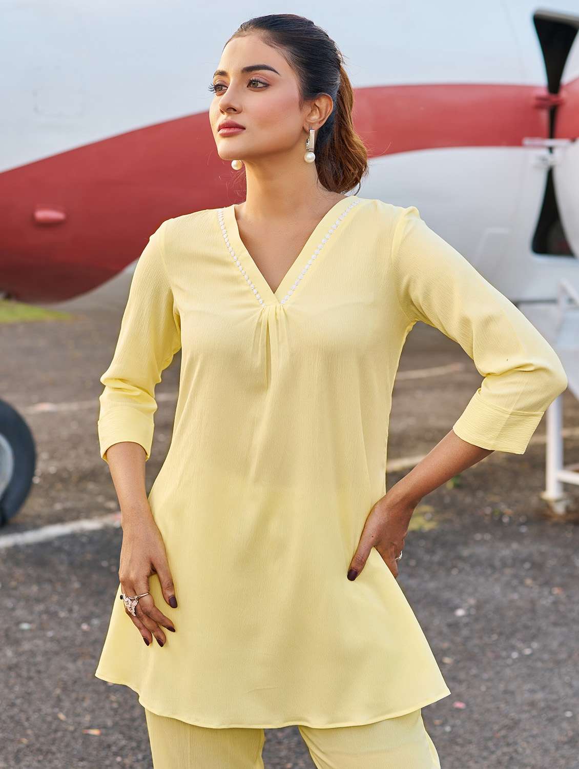 women solid three quarter sleeve ethnic co-ord set - 22454063 -  Standard Image - 1