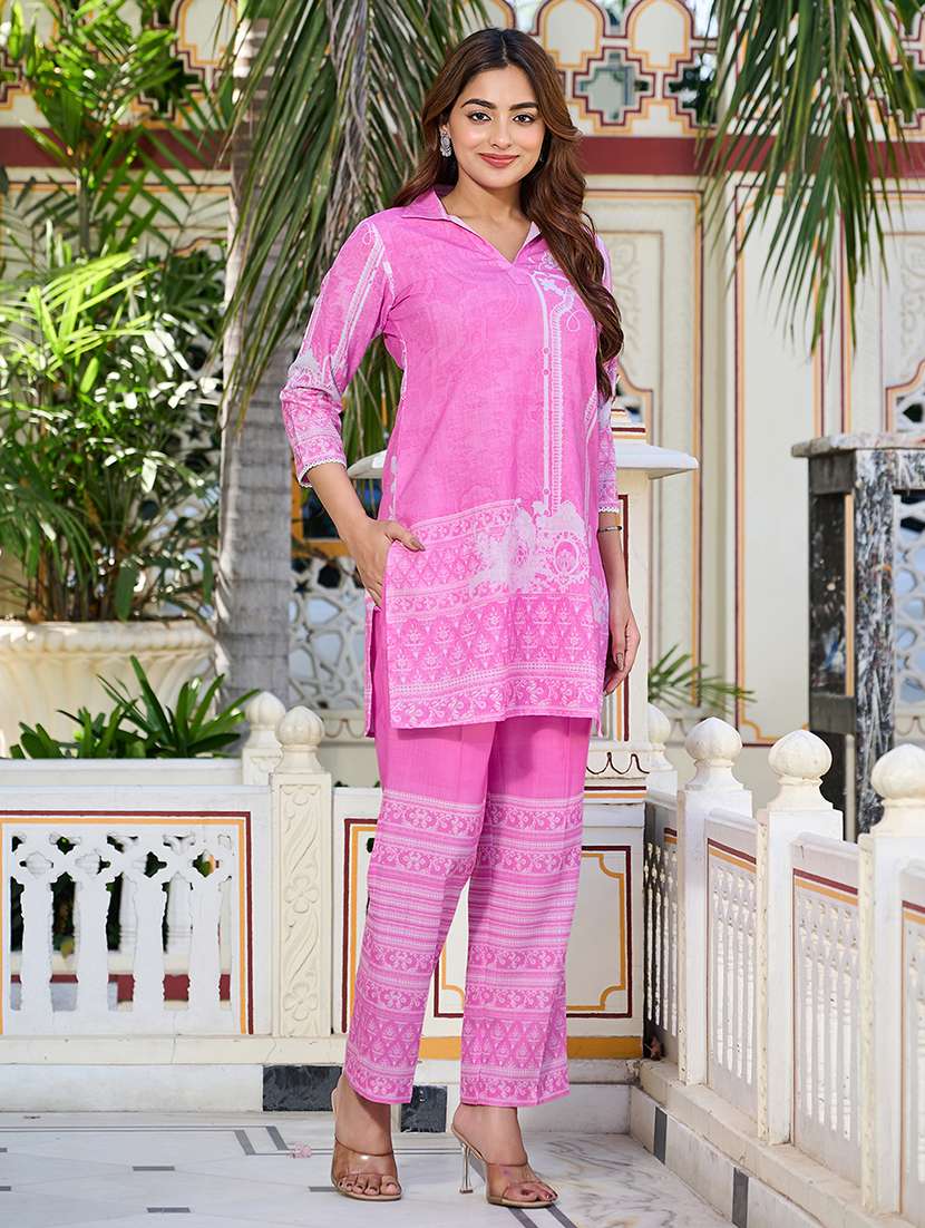 women printed three quarter sleeve ethnic co-ord set