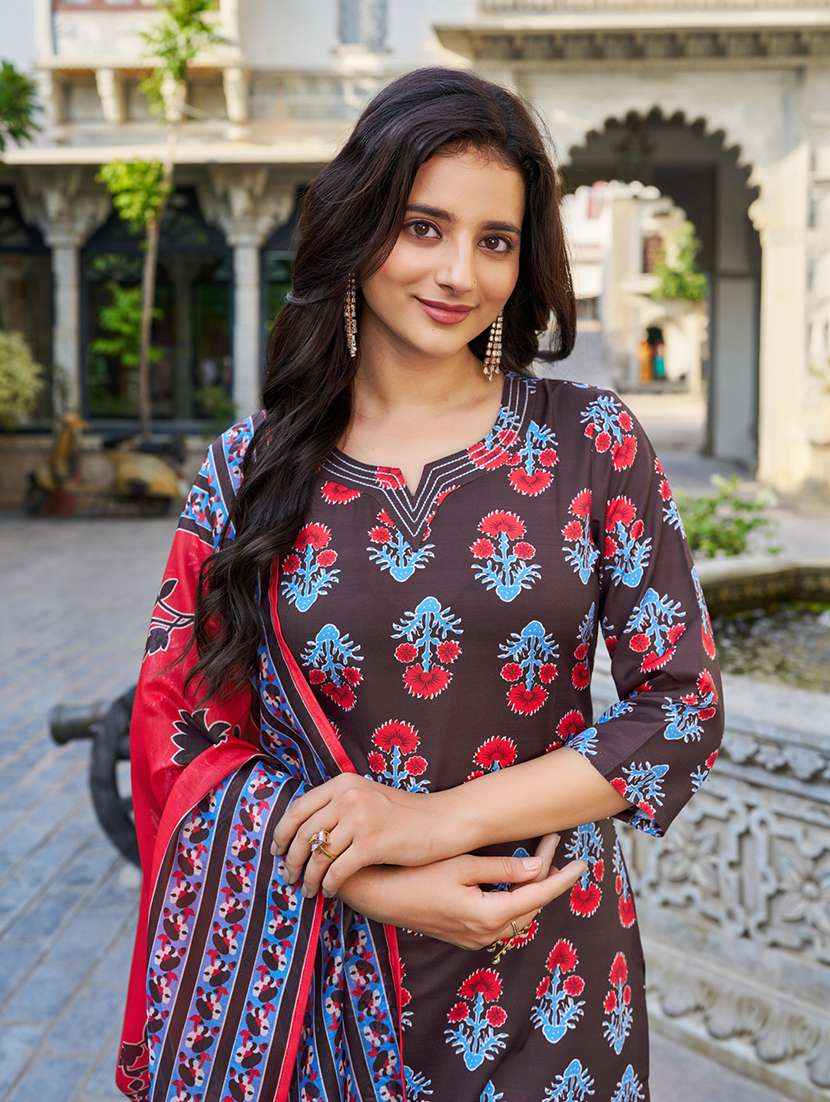 women printed three quarter sleeve kurta pant with dupatta set - 22454111 -  Standard Image - 1