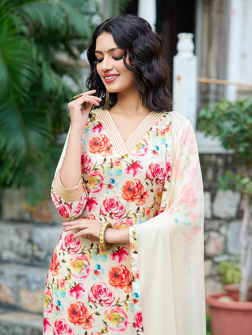 women printed three quarter sleeve kurta pant with dupatta set - 22454134 -  Standard Image - 1