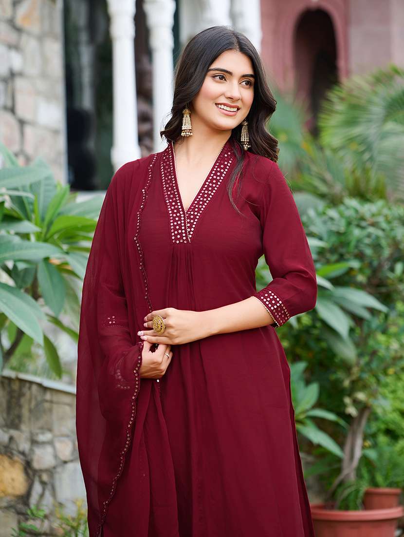 women solid with work three quarter sleeve kurta pant with dupatta set - 22454137 -  Standard Image - 1