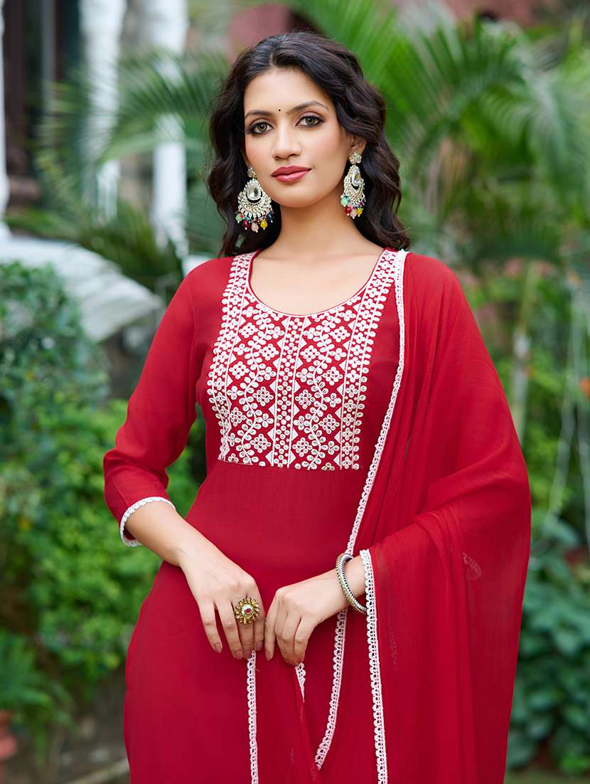 women solid with work three quarter sleeve kurta pant with dupatta set - 22454139 -  Standard Image - 1