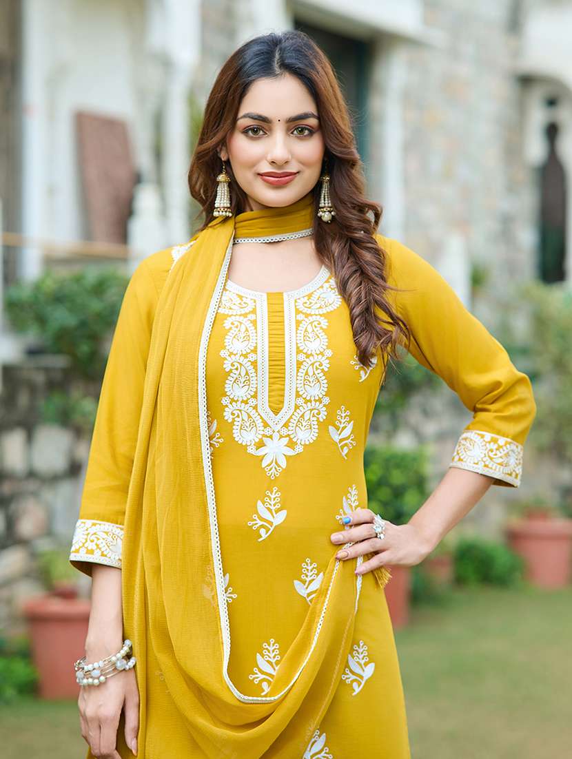 women solid with work three quarter sleeve kurta pant with dupatta set - 22454152 -  Standard Image - 1