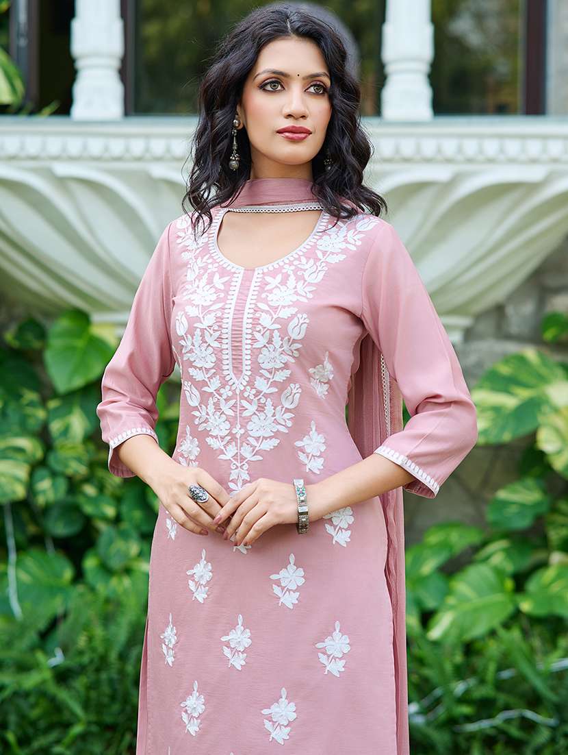 women solid with work three quarter sleeve kurta pant with dupatta set - 22454153 -  Standard Image - 1