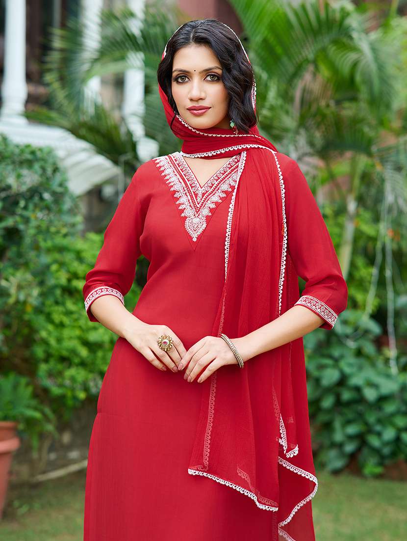 Women Solid With Work Three Quarter Sleeve Kurta Pant With Dupatta Set - 22454158 -  Standard Image - 1