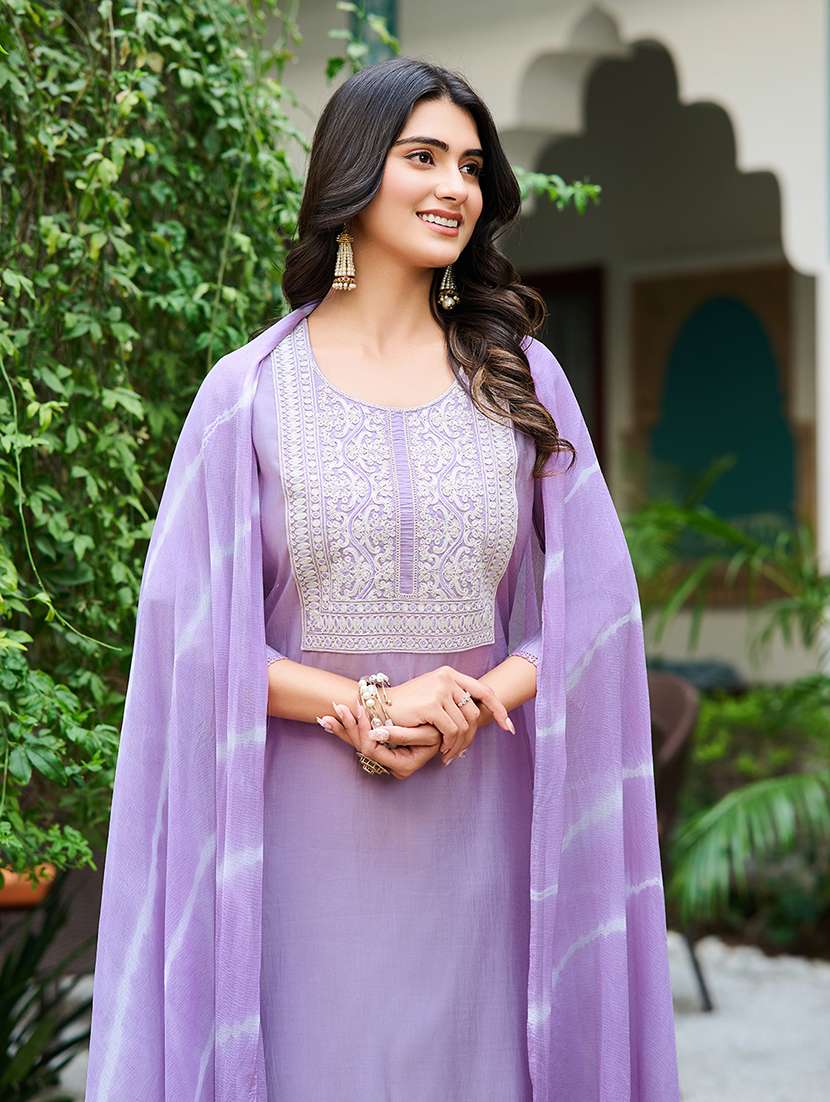 women solid with work three quarter sleeve kurta pant with dupatta set - 22454159 -  Standard Image - 1