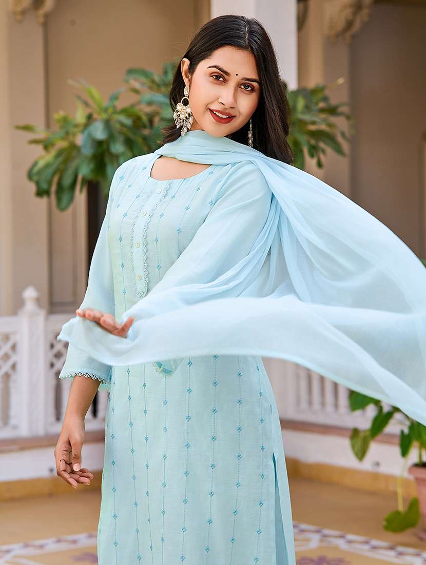 women solid with work three quarter sleeve kurta pant with dupatta set - 22454167 -  Standard Image - 1