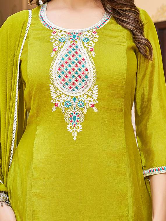 women solid with work three quarter sleeve kurta pant with dupatta set - 22454168 -  Standard Image - 1
