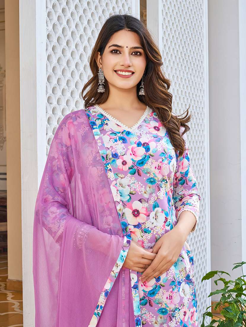 women printed three quarter sleeve kurta pant with dupatta set - 22454172 -  Standard Image - 1