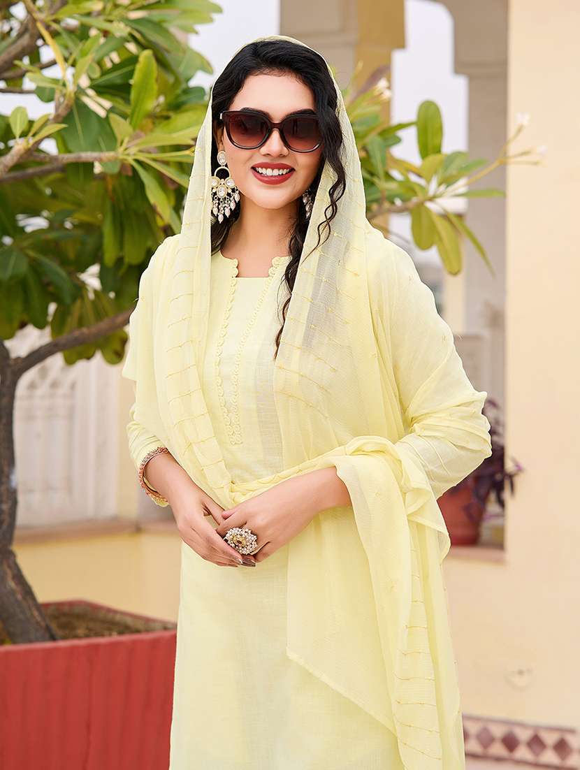 women solid with work three quarter sleeve kurta pant with dupatta set - 22454178 -  Standard Image - 1