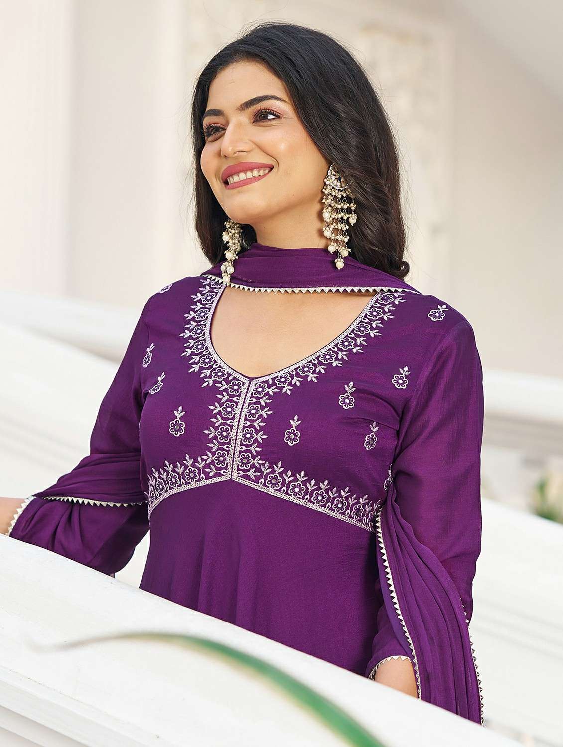 women solid with work three quarter sleeve kurta pant with dupatta set - 22454193 -  Standard Image - 1