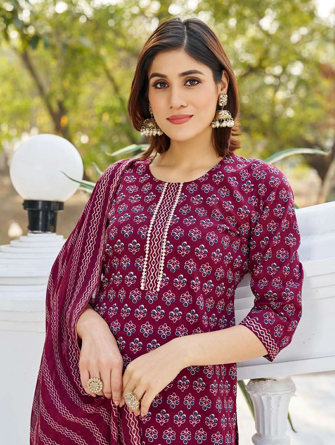 women printed three quarter sleeve kurta pant with dupatta set - 22454201 -  Standard Image - 1