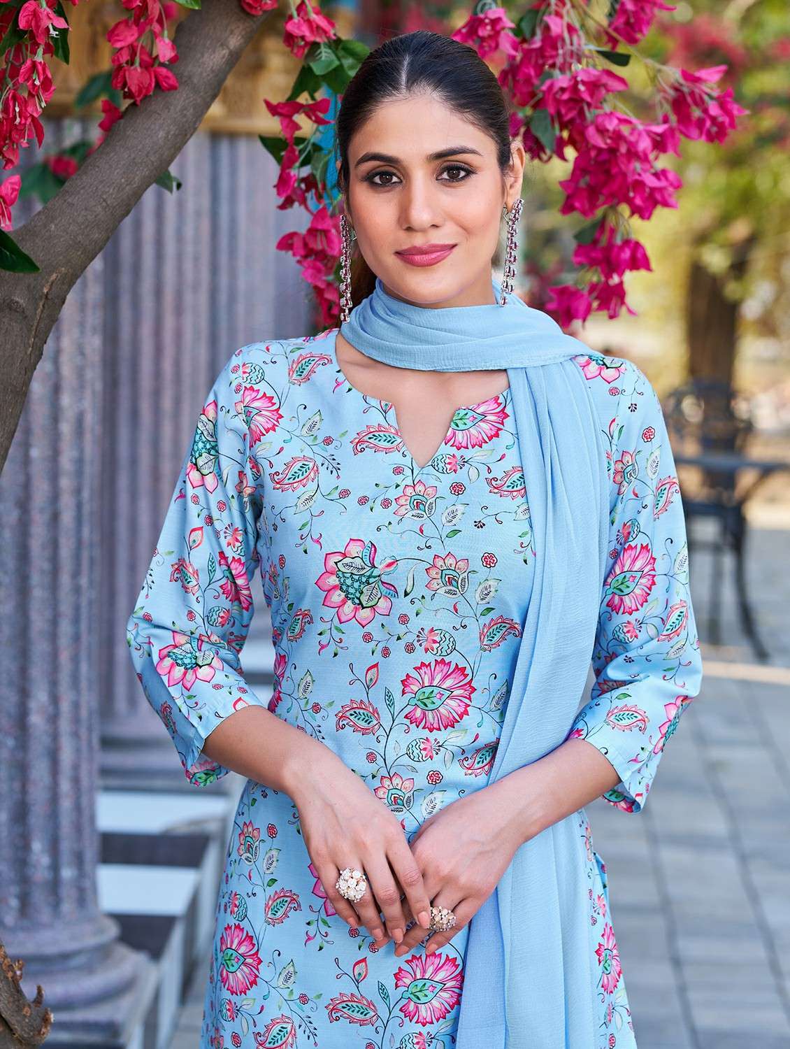 women printed three quarter sleeve kurta pant with dupatta set - 22454209 -  Standard Image - 1