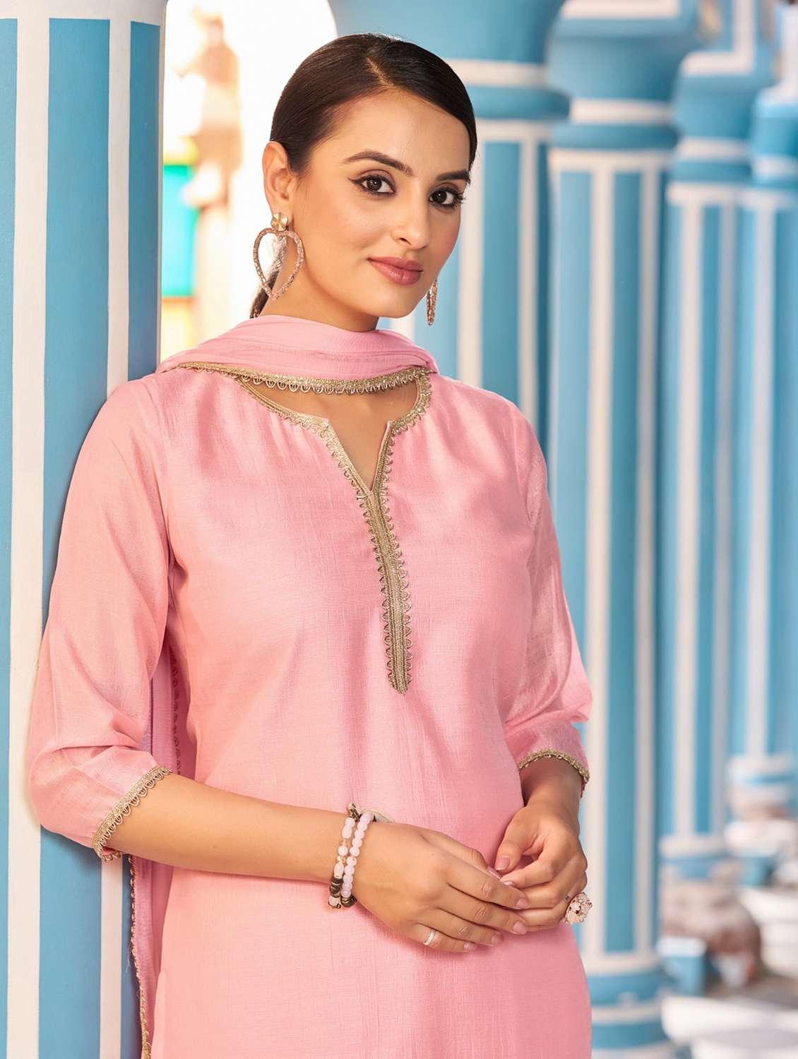women solid with work three quarter sleeve kurta pant with dupatta set - 22454214 -  Standard Image - 1