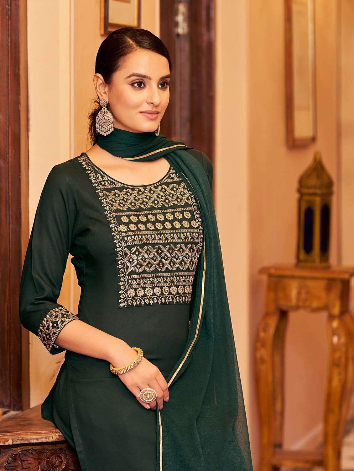 Women Solid With Work Three Quarter Sleeve Kurta Pant With Dupatta Set - 22454216 -  Standard Image - 1
