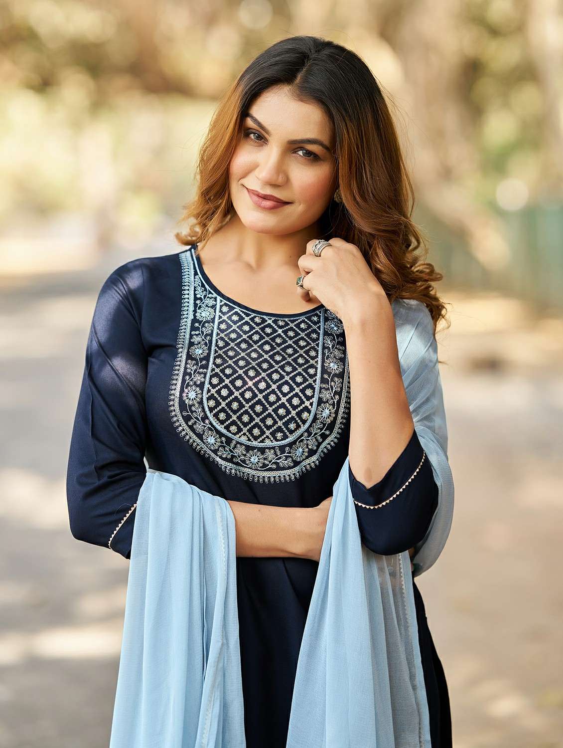 women solid with work three quarter sleeve kurta pant with dupatta set - 22454222 -  Standard Image - 1