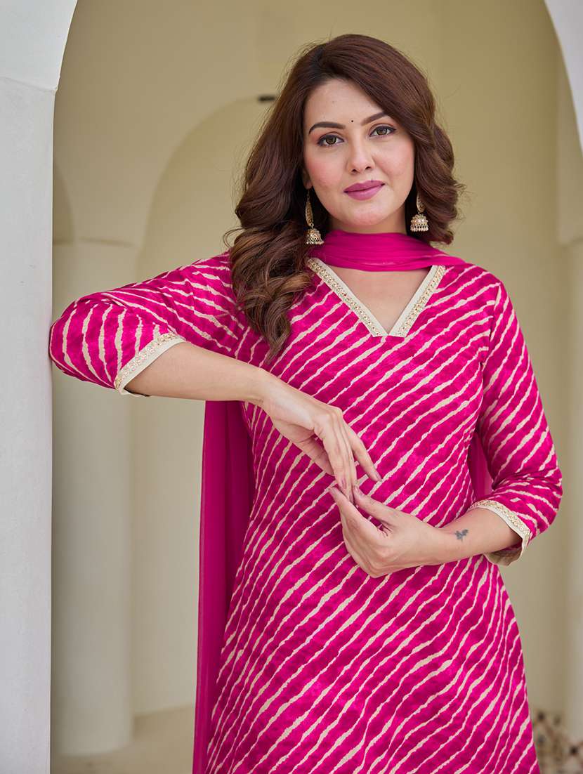 women leheriya three quarter sleeve kurta sharara with dupatta set - 22454291 -  Standard Image - 1