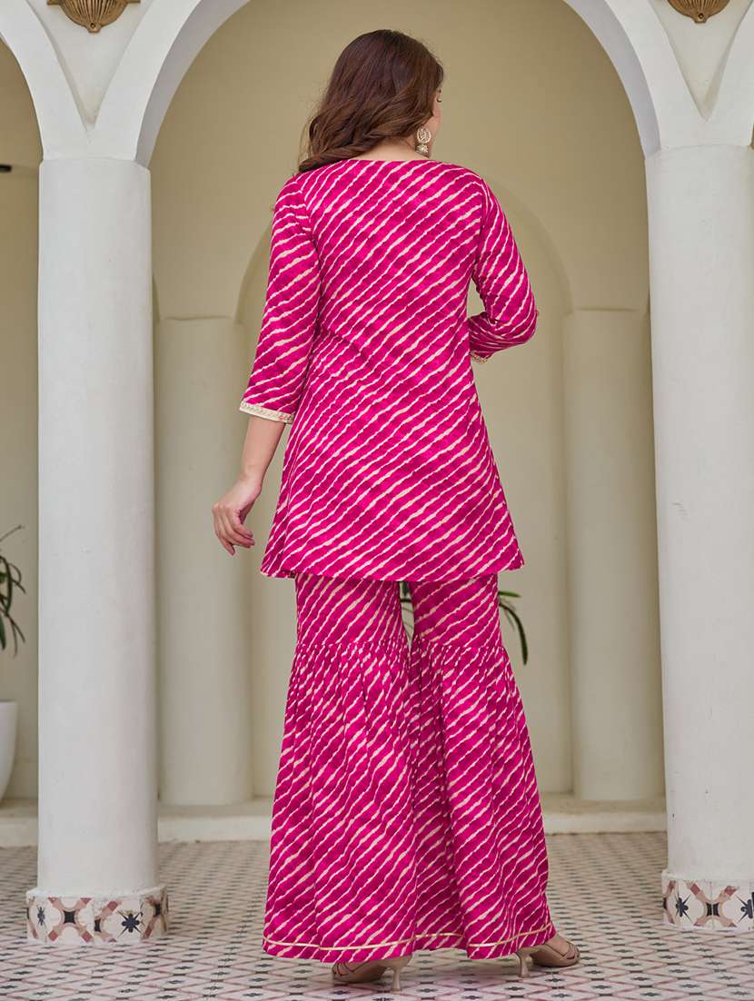 women leheriya three quarter sleeve kurta sharara with dupatta set - 22454291 -  Standard Image - 4