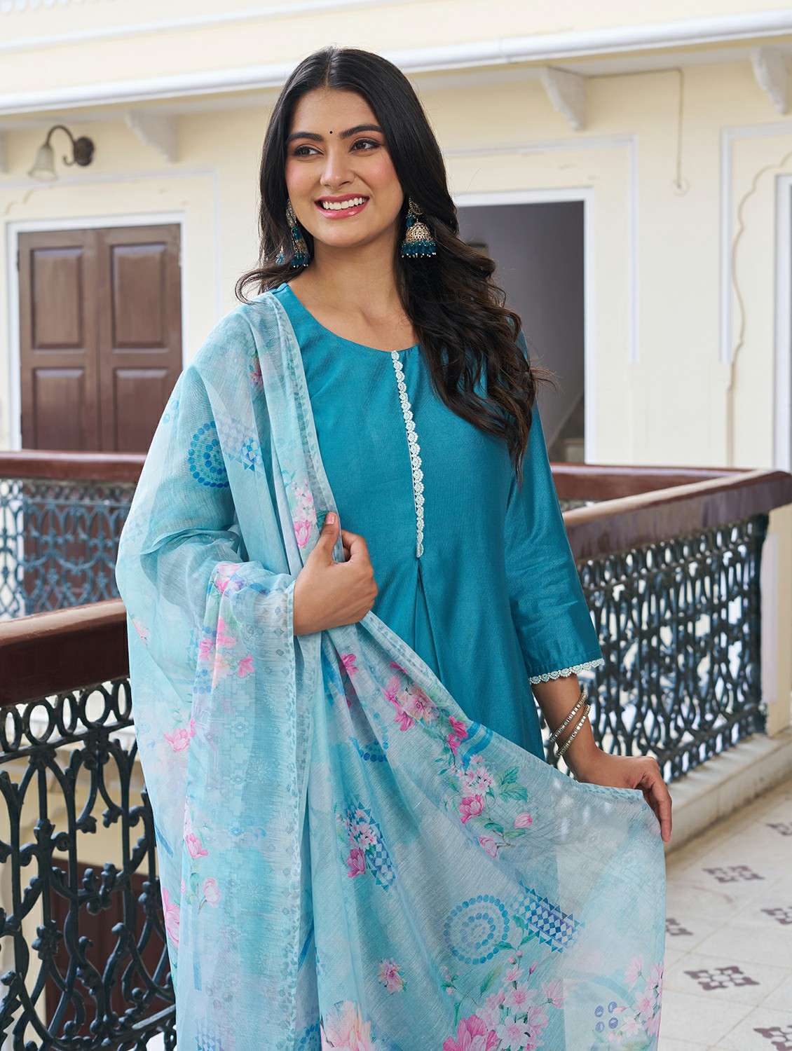 women solid three quarter sleeve kurta pant with dupatta set - 22454301 -  Standard Image - 1