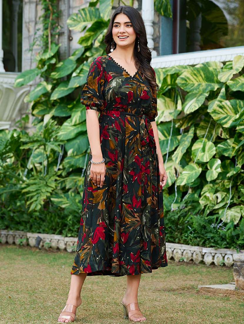 women printed cotton a-line dress party wear