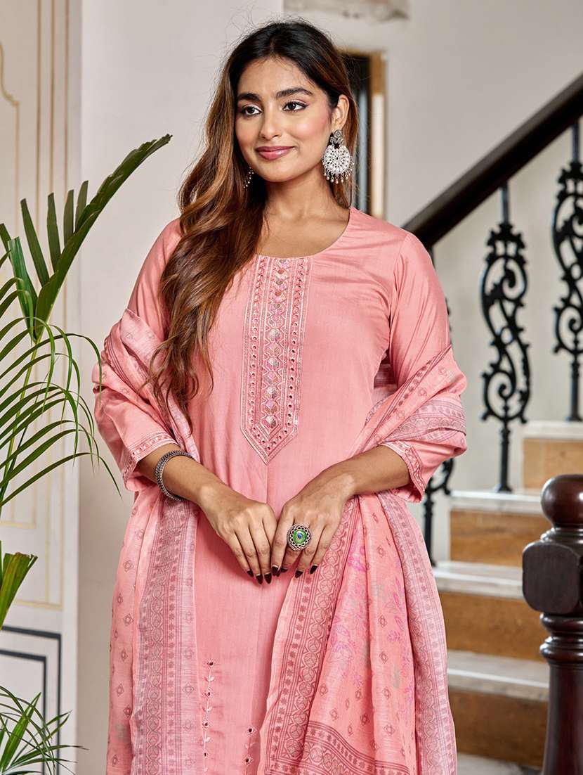 women solid with work three quarter sleeve kurta pant with dupatta set - 22454343 -  Standard Image - 1