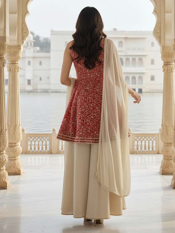 women printed sleeveless kurta palazzo with dupatta set - 22454346 -  Standard Image - 4