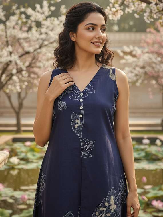 women printed sleeveless kurta pant set - 22454354 -  Standard Image - 1