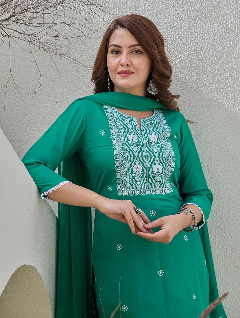 women solid with work three quarter sleeve kurta pant with dupatta set - 22454355 -  Standard Image - 1