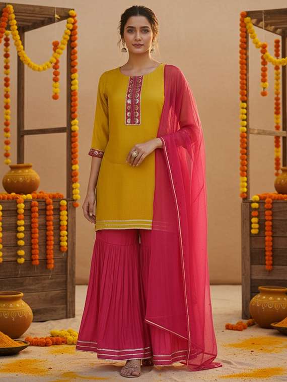 women solid with work three quarter sleeve kurta sharara with dupatta set