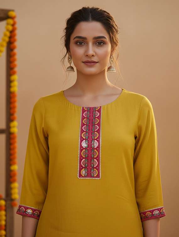 women solid with work three quarter sleeve kurta sharara with dupatta set - 22454357 -  Standard Image - 1