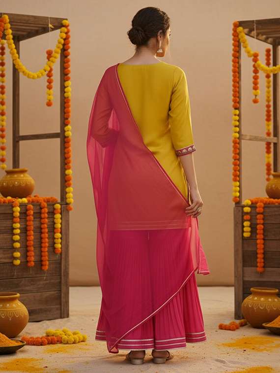 women solid with work three quarter sleeve kurta sharara with dupatta set - 22454357 -  Standard Image - 4