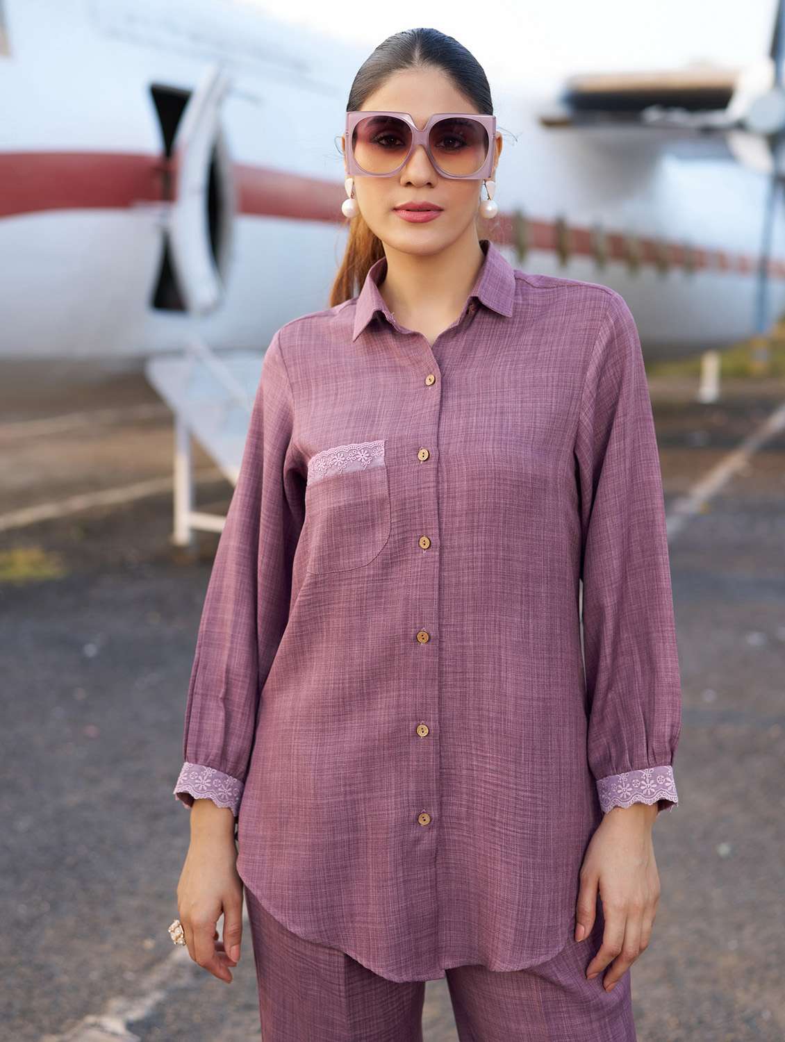 women self design long sleeve shirt & trouser co-ord set - 22454392 -  Standard Image - 1