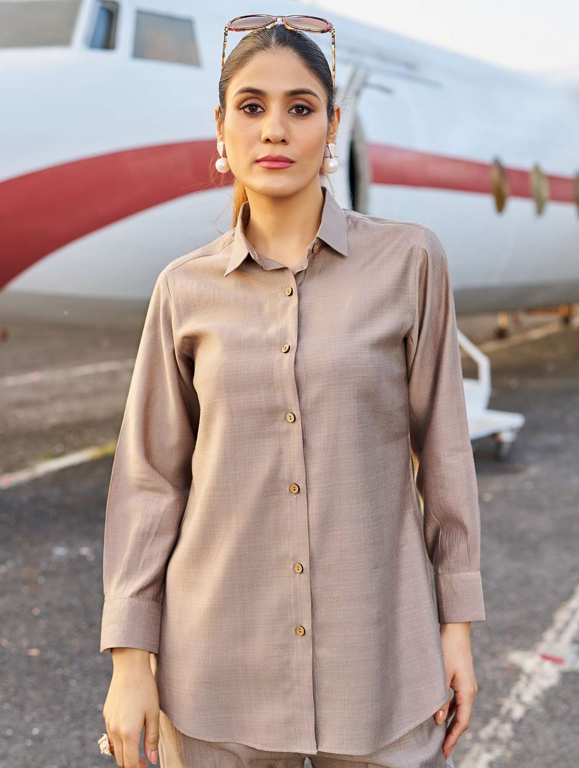 women solid long sleeve shirt & trouser co-ord set - 22454395 -  Standard Image - 1