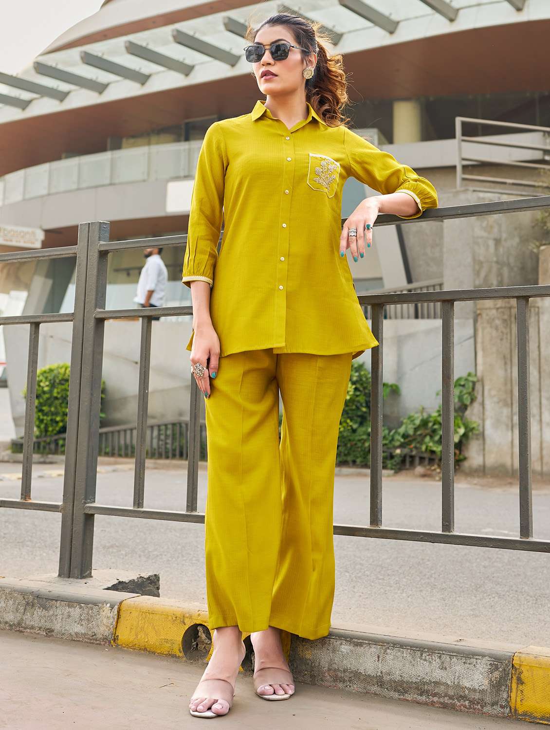 women solid with work three quarter sleeve ethnic co-ord set - 22454399 -  Standard Image - 1