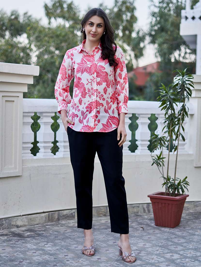 women printed three quarter sleeve shirt & trouser co-ord set