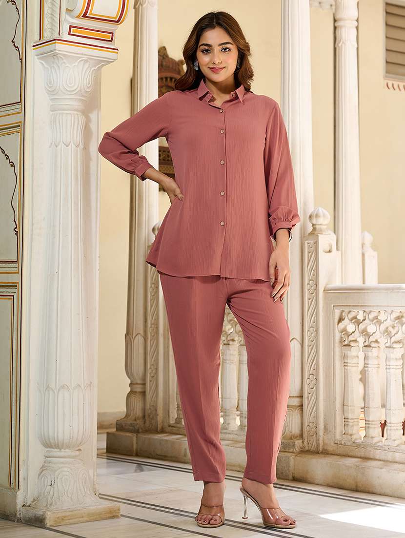 women solid long sleeve shirt & trouser co-ord set