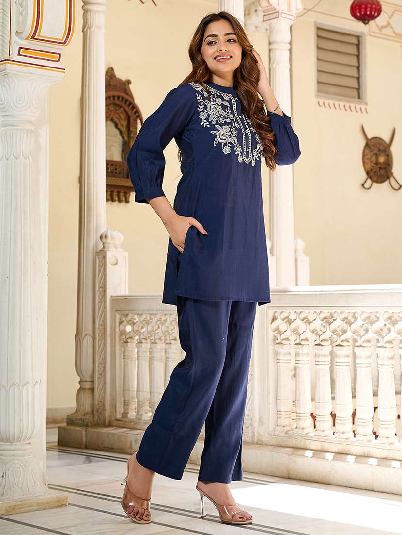 women solid with work three quarter sleeve ethnic co-ord set