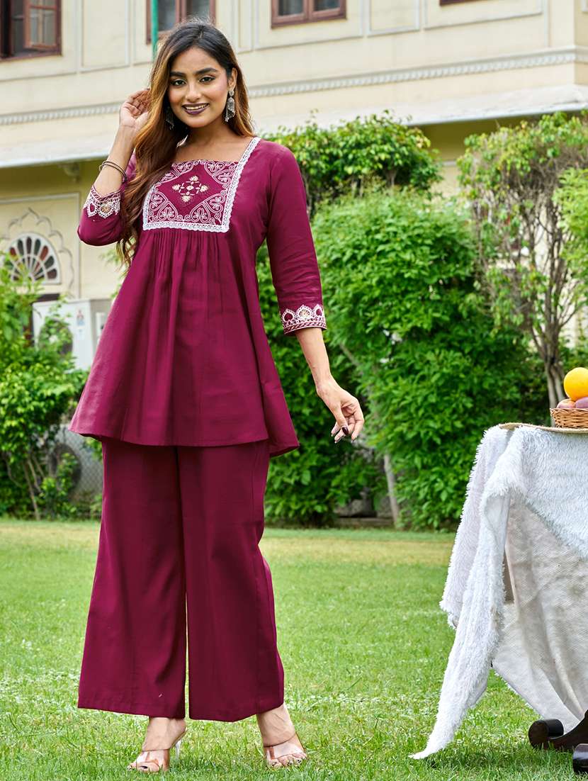 women solid with work three quarter sleeve ethnic co-ord set