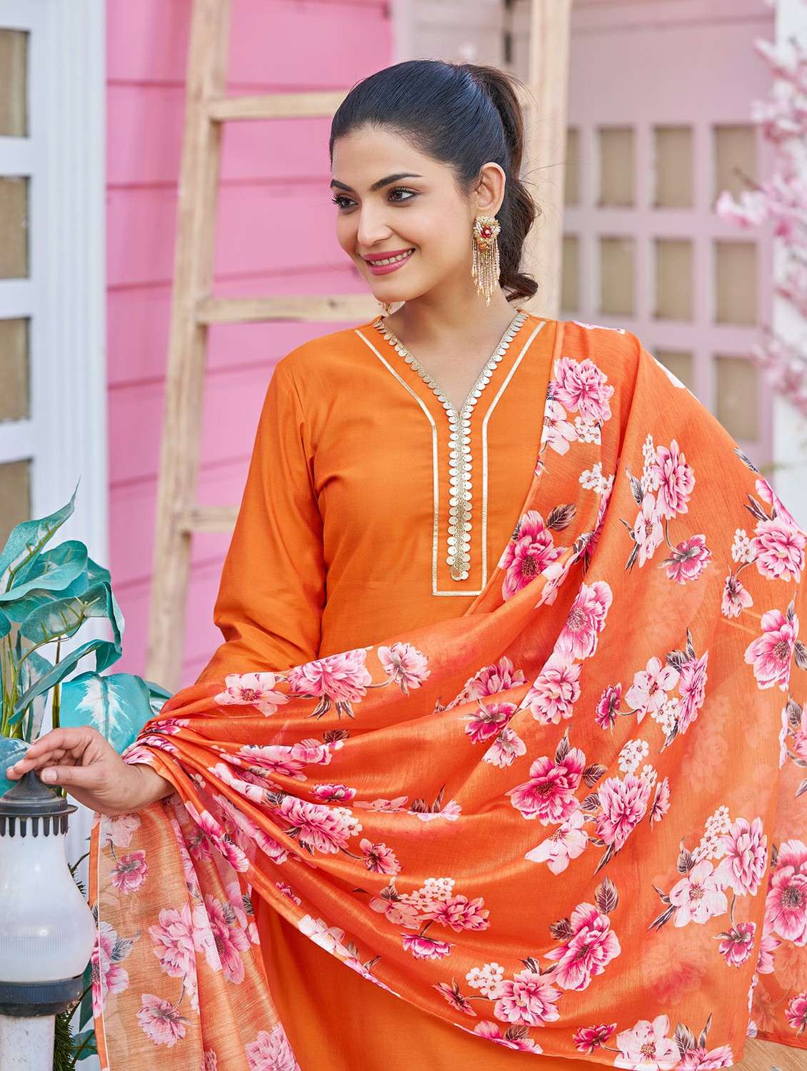 women solid with work three quarter sleeve kurta pant with dupatta set - 22454448 -  Standard Image - 1
