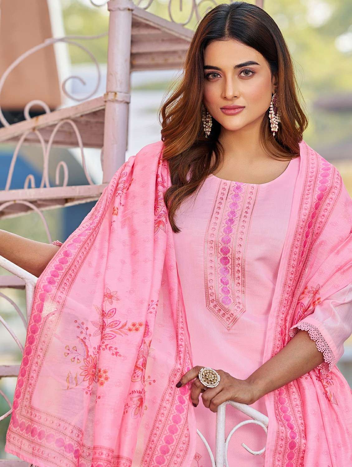 women solid with work three quarter sleeve kurta pant with dupatta set - 22454449 -  Standard Image - 1