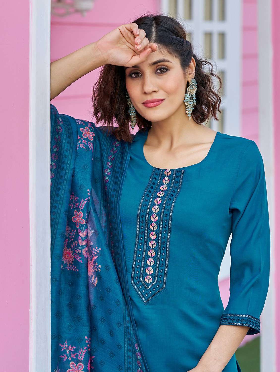 women solid with work three quarter sleeve kurta pant with dupatta set - 22454451 -  Standard Image - 1