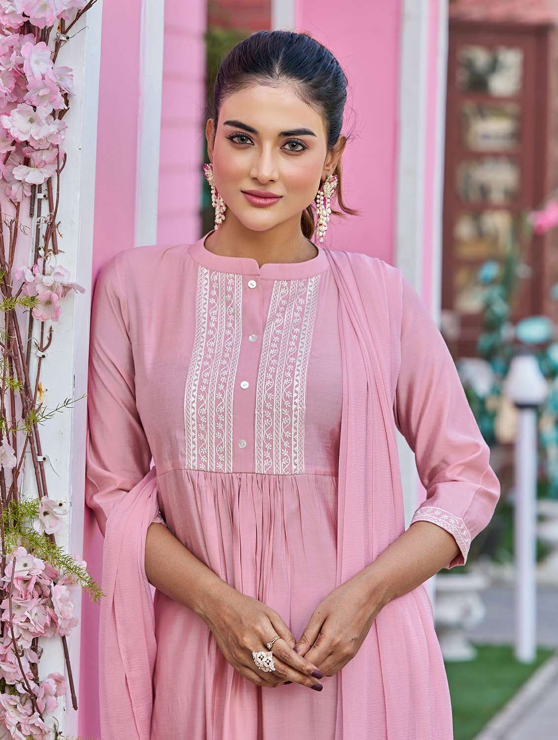 Women Solid With Work Three Quarter Sleeve Kurta Pant With Dupatta Set - 22454453 -  Standard Image - 1
