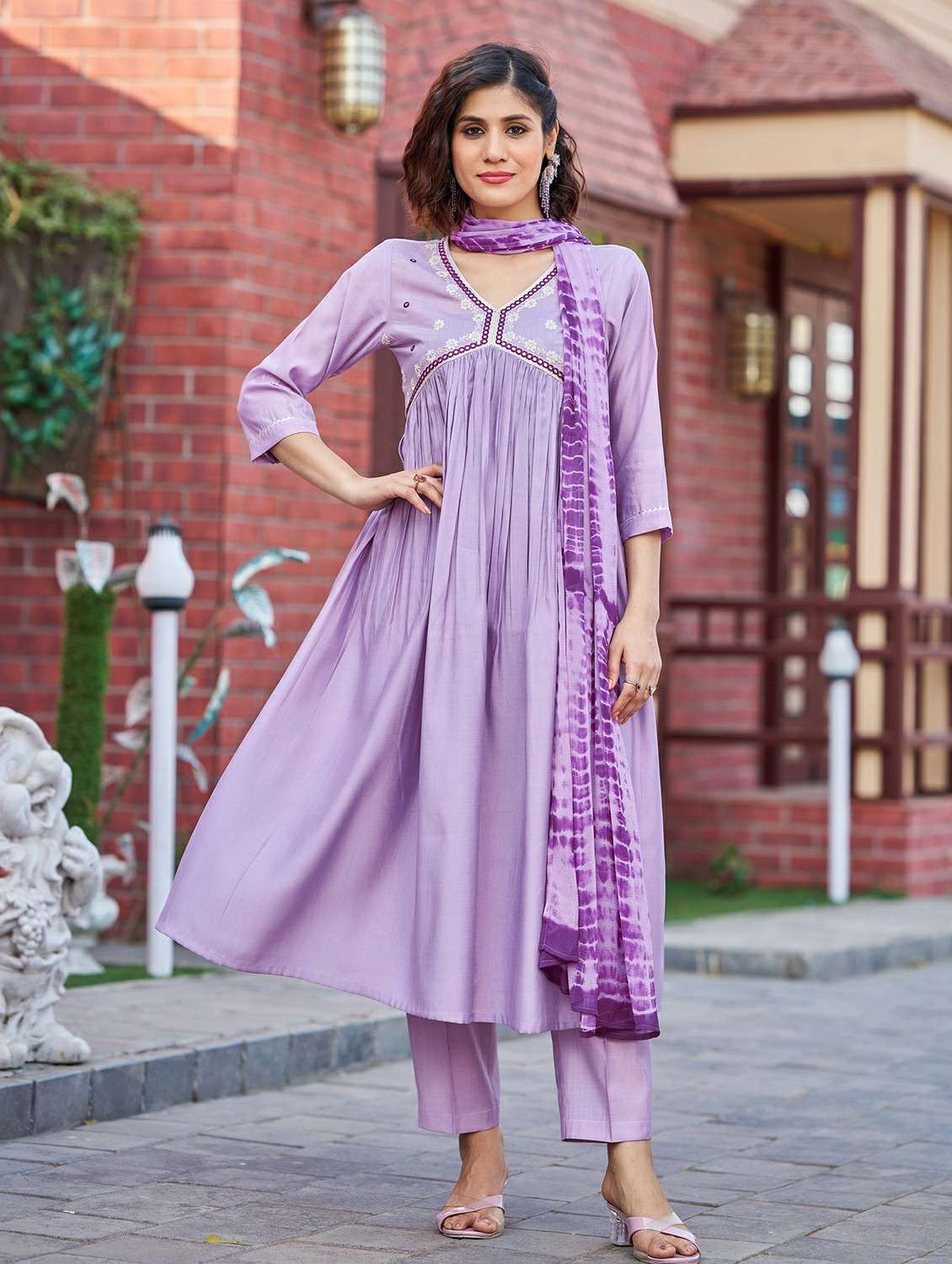 women solid with work three quarter sleeve kurta pant with dupatta set