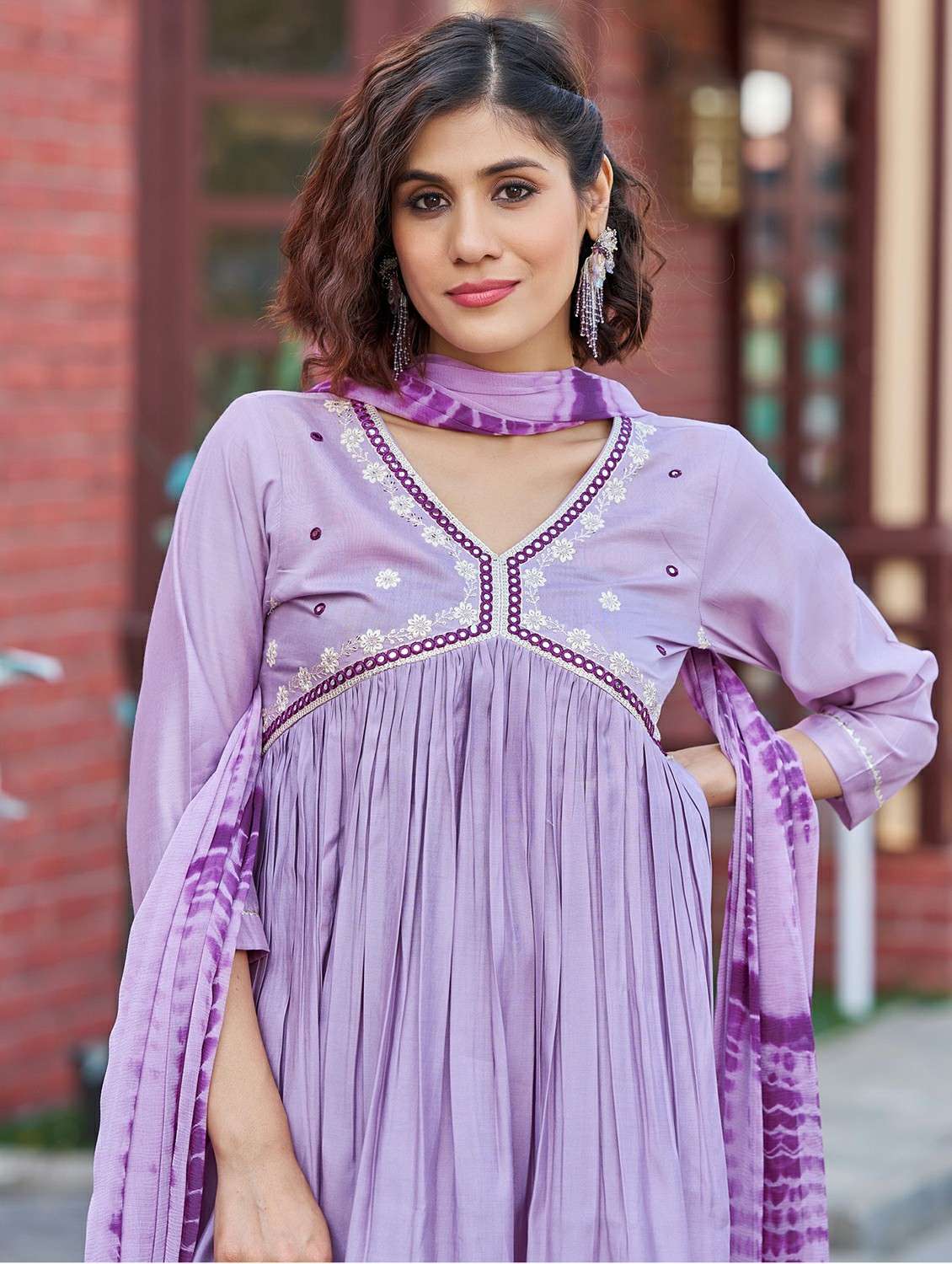 women solid with work three quarter sleeve kurta pant with dupatta set - 22454457 -  Standard Image - 1