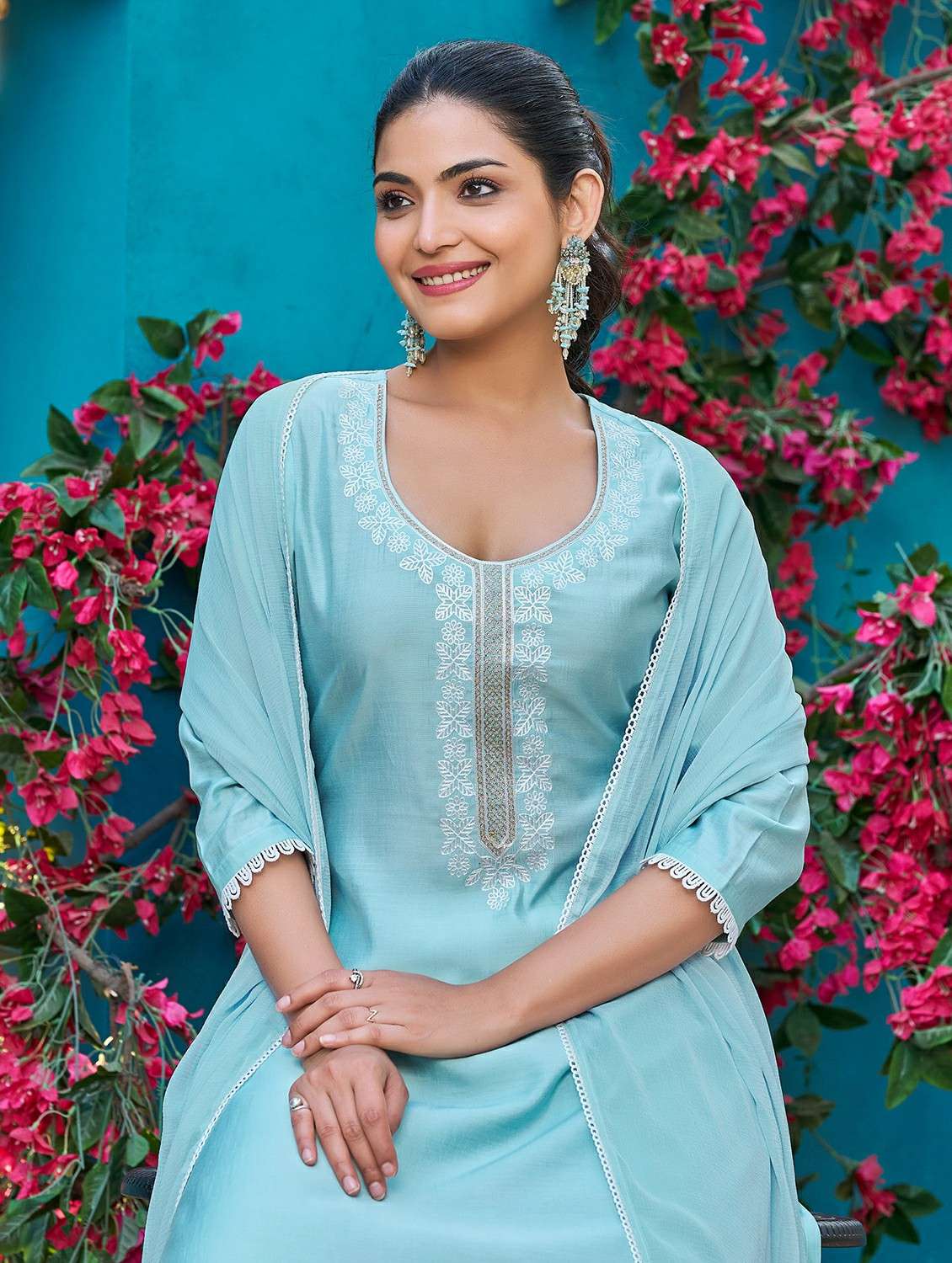 Women Solid With Work Three Quarter Sleeve Kurta Pant With Dupatta Set - 22454458 -  Standard Image - 1
