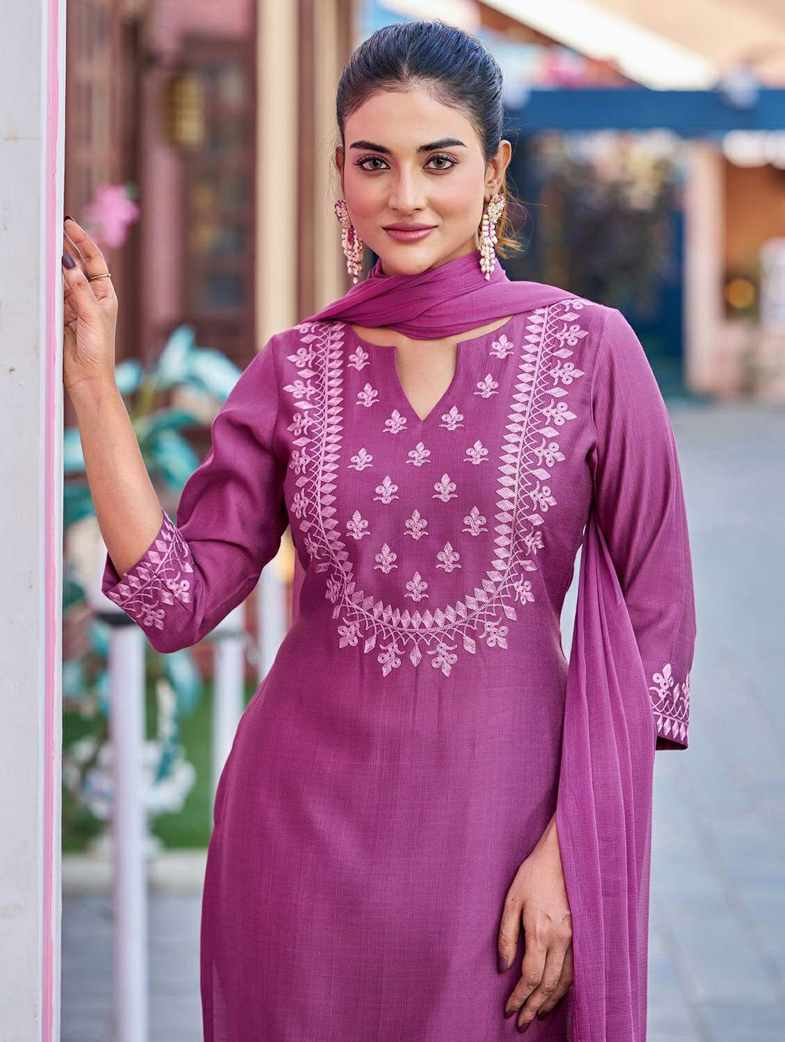 Women Solid With Work Three Quarter Sleeve Kurta Pant With Dupatta Set - 22454460 -  Standard Image - 1