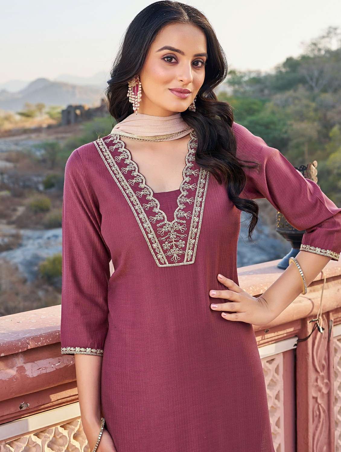 Women Solid With Work Three Quarter Sleeve Kurta Pant With Dupatta Set - 22454462 -  Standard Image - 1