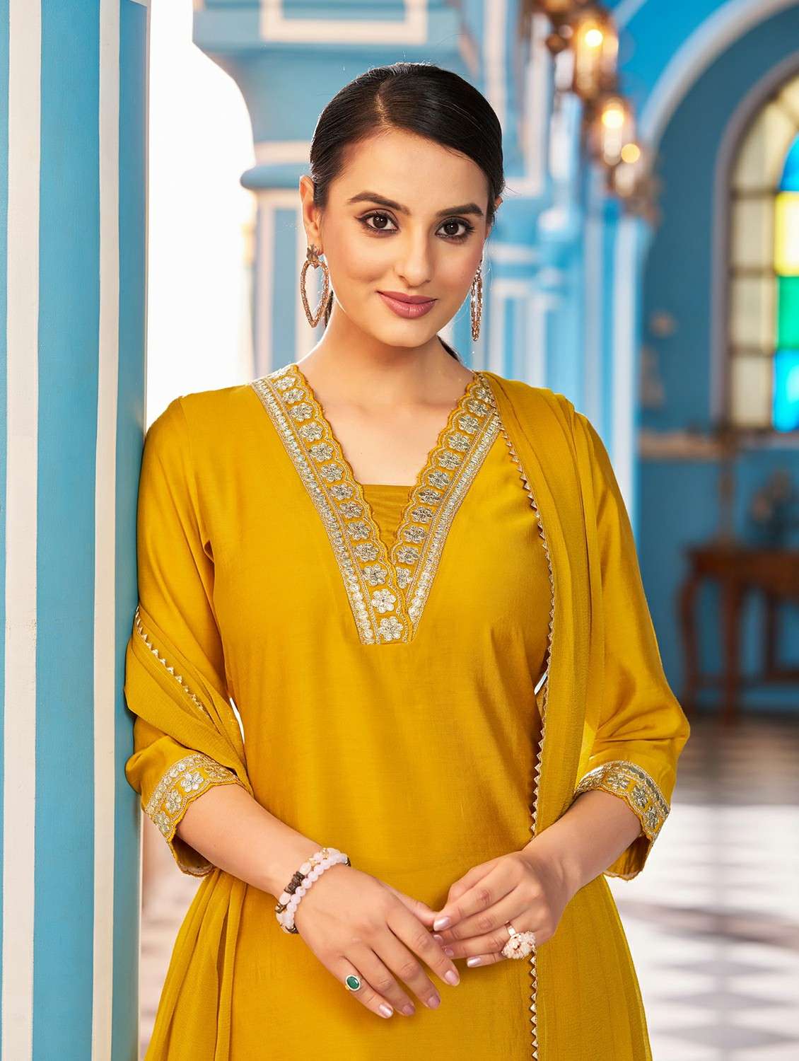 women solid with work three quarter sleeve kurta pant with dupatta set - 22454463 -  Standard Image - 1