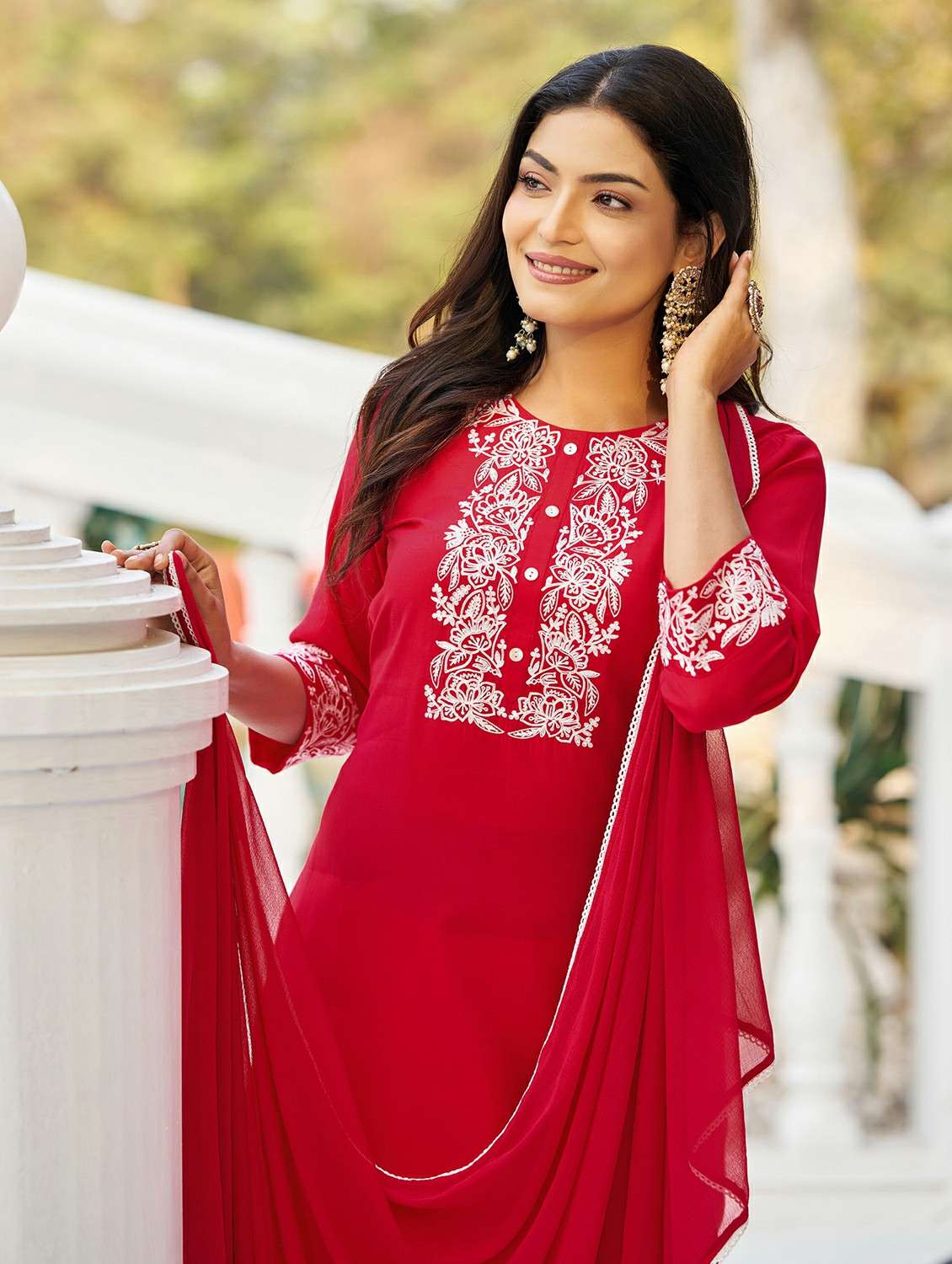 women solid with work three quarter sleeve kurta pant with dupatta set - 22454472 -  Standard Image - 1